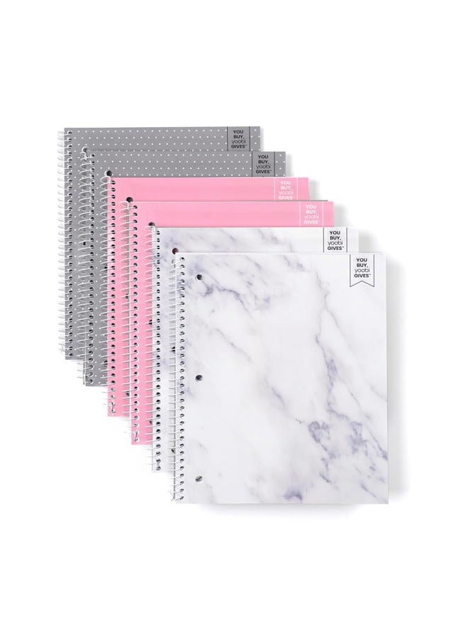 Yoobi College Ruled Spiral Notebook Set – 6-Pack of 1 Subject Notebooks, Pink, Gray & Marble Designs – 150 Perforated 3-Hole Punched Sheets Each, For School, Office & Home – 10.5” x 8” - Image 1
