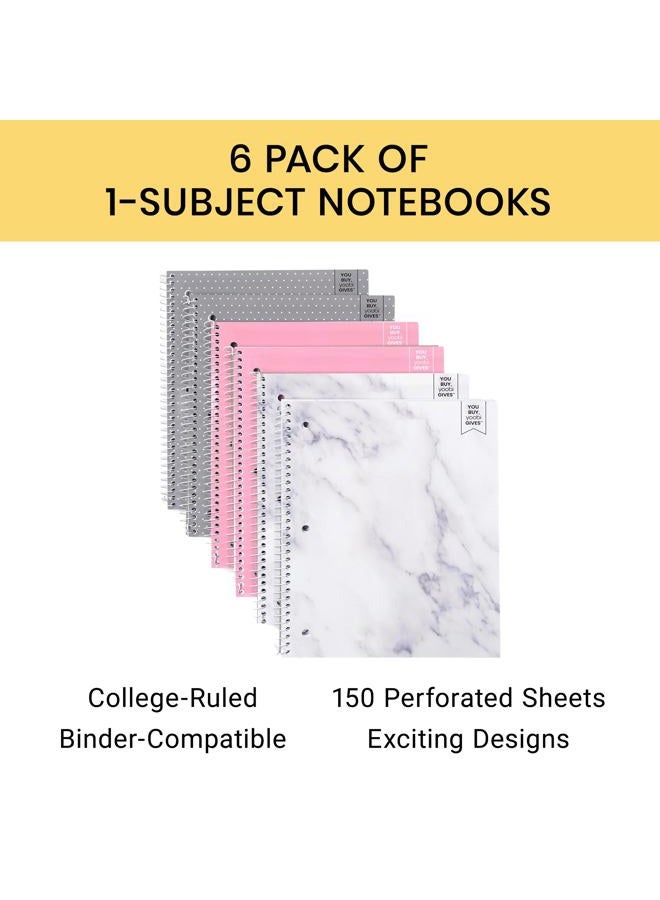 Yoobi College Ruled Spiral Notebook Set – 6-Pack of 1 Subject Notebooks, Pink, Gray & Marble Designs – 150 Perforated 3-Hole Punched Sheets Each, For School, Office & Home – 10.5” x 8” - Image 2