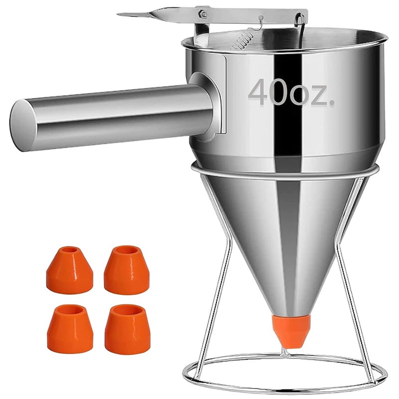 LunaCozy Pancake Batter Dispenser 40oz Stainless Steel NoDrip Funnel 4 Interchangeable Silicone Nozzles Easy Control Batter Dispenser for Pancakes Cupcakes Funnel Cakes Muffins More - Image 2