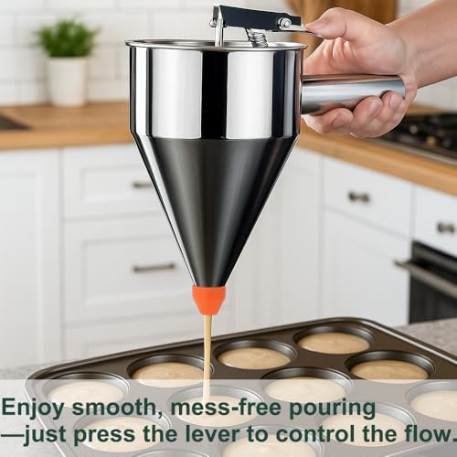 LunaCozy Pancake Batter Dispenser 40oz Stainless Steel NoDrip Funnel 4 Interchangeable Silicone Nozzles Easy Control Batter Dispenser for Pancakes Cupcakes Funnel Cakes Muffins More - Image 3