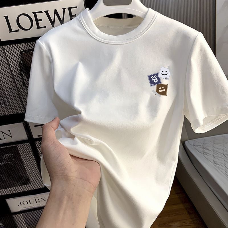 Couple'S Hong Kong Style Small Label Printed Short-Sleeved T-Shirt 2024 Summer Black And White T Men'S Top Round Neck Live Grass Planting - Image 2