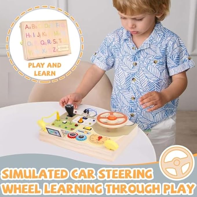 BUSY BOARD CAR-THEMED INTERACTIVE LEARNING & ACTIVITY BOARD FOR TODDLERS – MONTESSORI WOODEN STEERING WHEEL, IGNITION, GEAR SHIFTER, ALPHABET & LED LIGHTS - Image 4