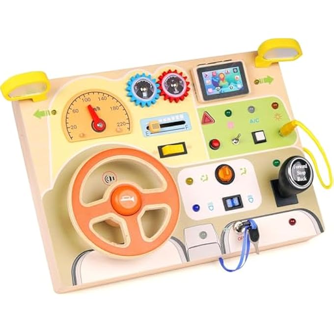 BUSY BOARD CAR-THEMED INTERACTIVE LEARNING & ACTIVITY BOARD FOR TODDLERS – MONTESSORI WOODEN STEERING WHEEL, IGNITION, GEAR SHIFTER, ALPHABET & LED LIGHTS - Image 2