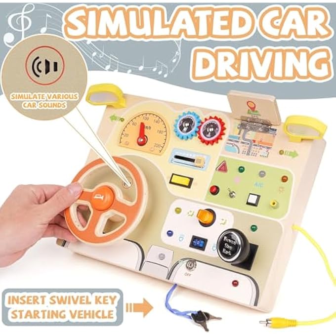 BUSY BOARD CAR-THEMED INTERACTIVE LEARNING & ACTIVITY BOARD FOR TODDLERS – MONTESSORI WOODEN STEERING WHEEL, IGNITION, GEAR SHIFTER, ALPHABET & LED LIGHTS - Image 5