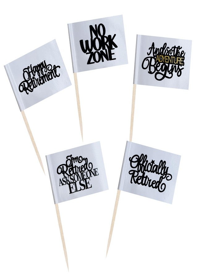 JBSJBS Happy Retirement Black Cupcake Topper Flags Mini Small Officially Retired No Work Zone Adventure Begins Toothpick Stick Flags Retirement Theme Farewell Birthday Cake Party Theme Decor(100Pcs) - Image 1