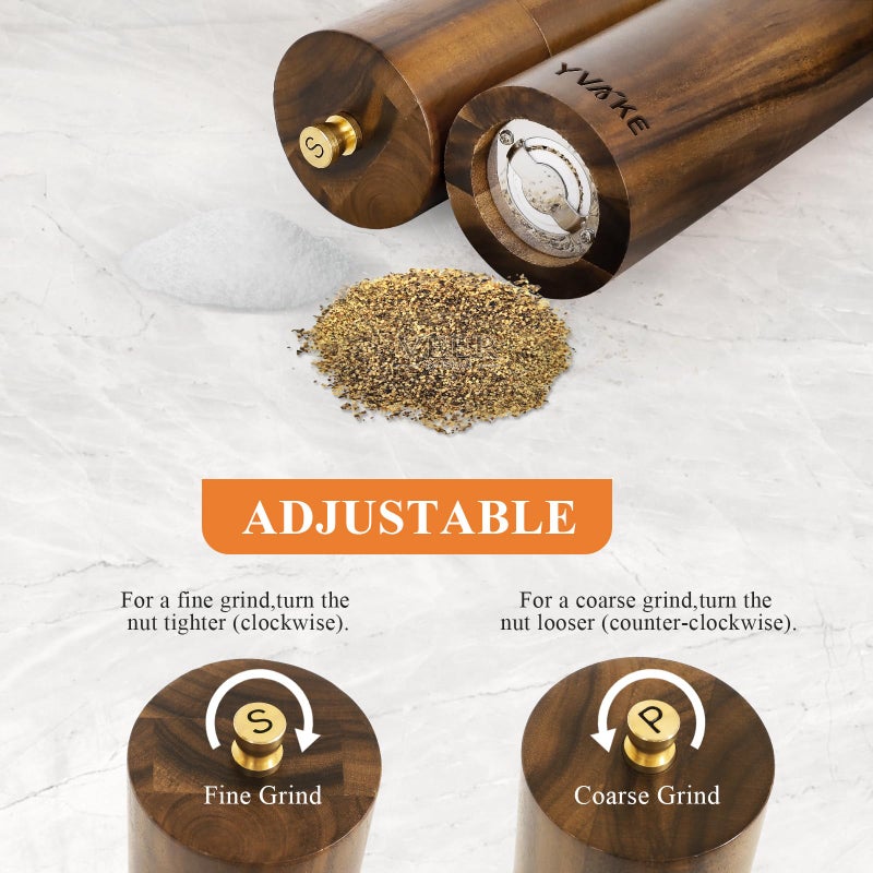 Yvake Wooden Salt and Pepper Grinder Set,8 Inch Manual Salt and Pepper Mill, Adjustable Coarseness and Refillable,Acacia Wood Pepper Grinder for your kitchen[Set of 2] - Image 3