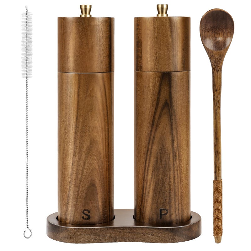 Yvake Wooden Salt and Pepper Grinder Set,8 Inch Manual Salt and Pepper Mill, Adjustable Coarseness and Refillable,Acacia Wood Pepper Grinder for your kitchen[Set of 2] - Image 1