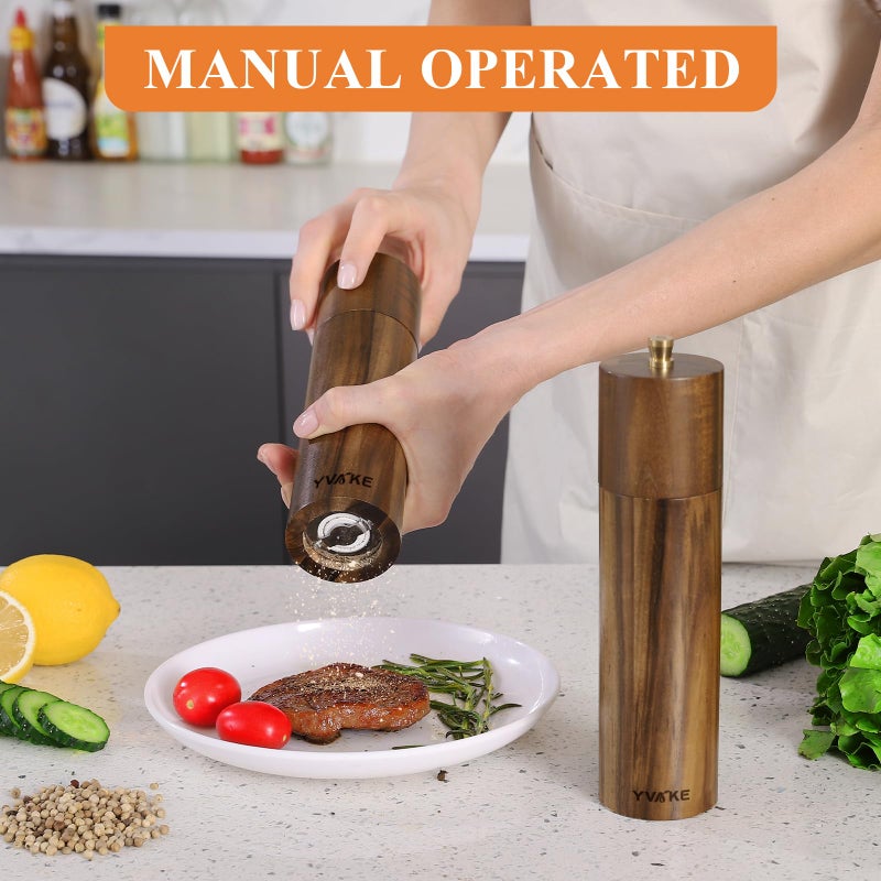 Yvake Wooden Salt and Pepper Grinder Set,8 Inch Manual Salt and Pepper Mill, Adjustable Coarseness and Refillable,Acacia Wood Pepper Grinder for your kitchen[Set of 2] - Image 5