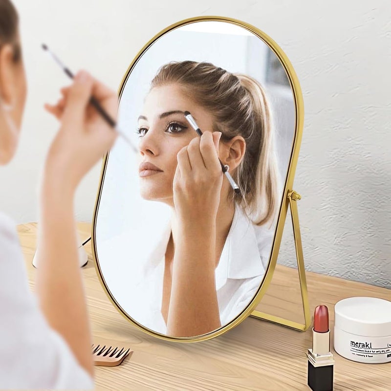 Gosider Makeup Mirror Oval Desk Mirror Gold Table Mirror Metal Frame Portable Single-Sided Swivel Tabletop Mirror High-Definition Countertop Mirror with stand for Vanity Dresser Living Room Bedroom Office - Image 3