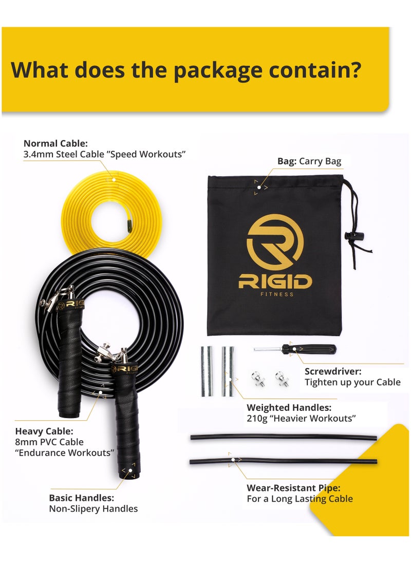 RIGID FITNESS - Fitness Jump Rope For Gym And Outdoor Activities - Adjustable Jumping Rope With Tangle Free Ball Bearing, Skipping Rope With Carrying Bag, Screwdriver & Weighted Handles (Speed & Heavy Cables) - Image 1