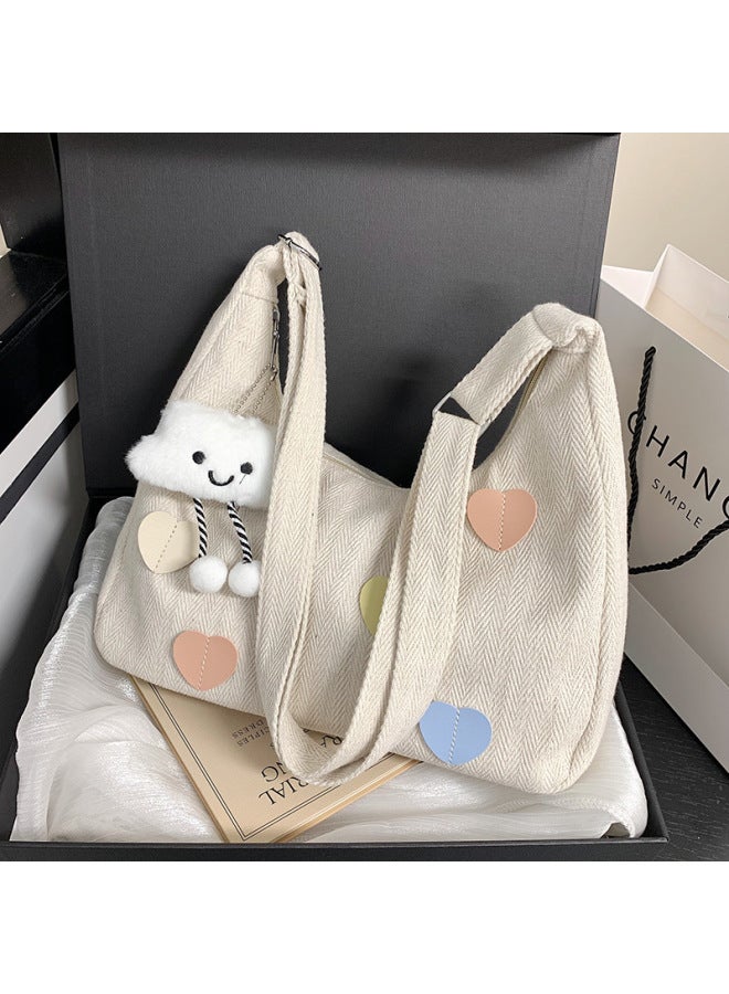 Artistic Fashion Large Capacity Tote Bag Women's 2024 Summer Simple Casual Shoulder Bag Sense Crossbody Bag-Color:White Love With Pendant  - Image 4