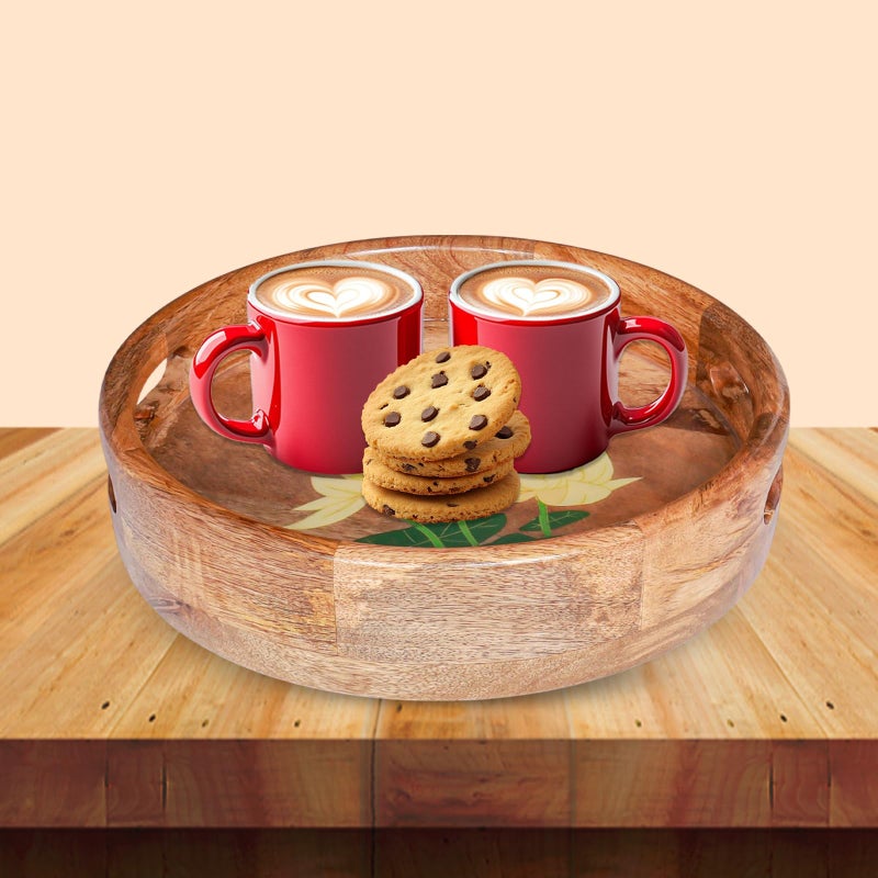 CHITRAKOOT Round Wooden Serving Tray with Lotus Floral Design | Handcrafted Mango Wood | Elegant Tray for Coffee Table, Dining & Gifting | Home Decor Accent - Image 3