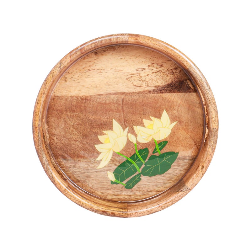 CHITRAKOOT Round Wooden Serving Tray with Lotus Floral Design | Handcrafted Mango Wood | Elegant Tray for Coffee Table, Dining & Gifting | Home Decor Accent - Image 2