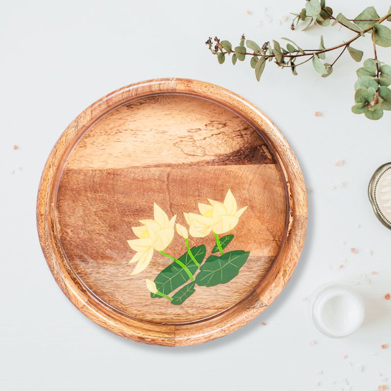 CHITRAKOOT Round Wooden Serving Tray with Lotus Floral Design | Handcrafted Mango Wood | Elegant Tray for Coffee Table, Dining & Gifting | Home Decor Accent - Image 1