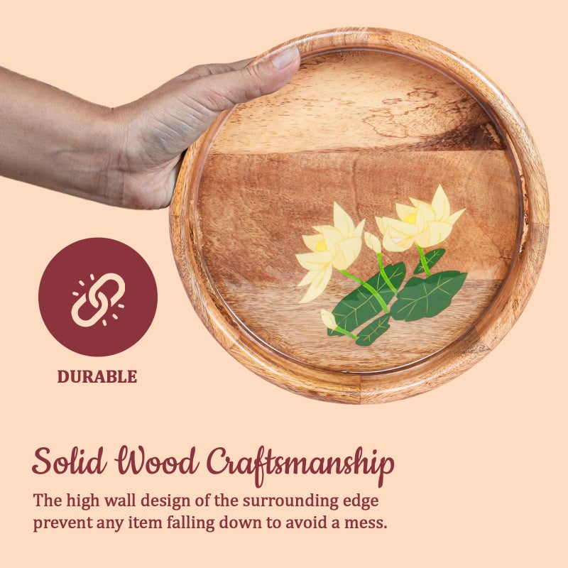 CHITRAKOOT Round Wooden Serving Tray with Lotus Floral Design | Handcrafted Mango Wood | Elegant Tray for Coffee Table, Dining & Gifting | Home Decor Accent - Image 4