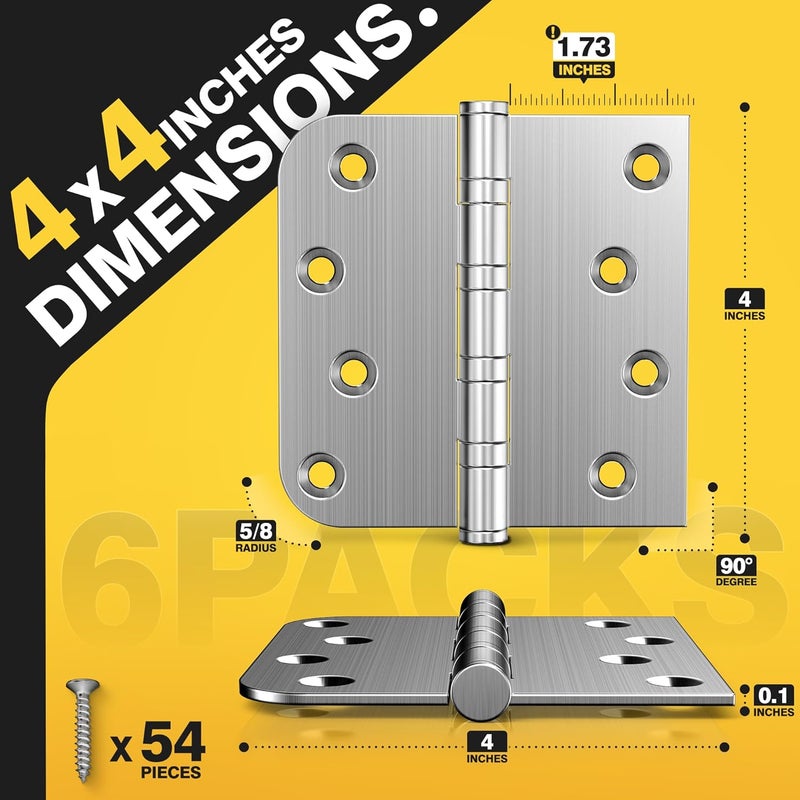 Kolet Ball Bearing Door Hinges, 4 x 4 Inches Door Hinges, Heavy Duty Stainless Steel Hinges, Square and 5/8'' Radius Corner, Smooth and Quiet, Non Removable Pin, Brushed Nickel, 6 Pack - Image 2