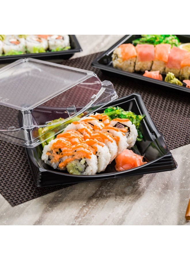 Roku 7.25 Inch Sushi Trays, 100 Disposable Sushi Containers With Lids - Square, Take Out Containers For Appetizers, Entrees, or Desserts, Black Plastic To Go Containers,