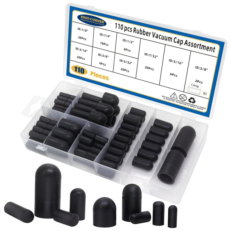 BUSY-CORNER 110 PCS Vacuum Caps Assortment, Vacuum Plugs Hose End Cap, Rubber Vacuum Caps Kit for Carburetor, Manifold, Automotive, 3/16'' 5/16'' 7/32'' 1/4'' 5/32'' 3/8'' 1/8'' 1/2'' 5/8'' - Image 1