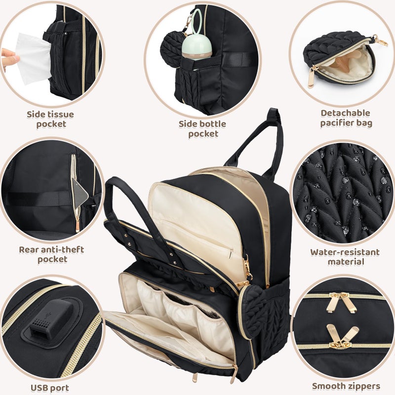 CandyHome Diaper Bag Backpack, Waterproof Stylish Baby Bag with Changing Pad, Large Capacity Travel Essentials Baby Diaper Bag with USB Port, Stroller Straps & Pacifier Case (Black) - Image 4
