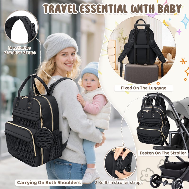 CandyHome Diaper Bag Backpack, Waterproof Stylish Baby Bag with Changing Pad, Large Capacity Travel Essentials Baby Diaper Bag with USB Port, Stroller Straps & Pacifier Case (Black) - Image 2