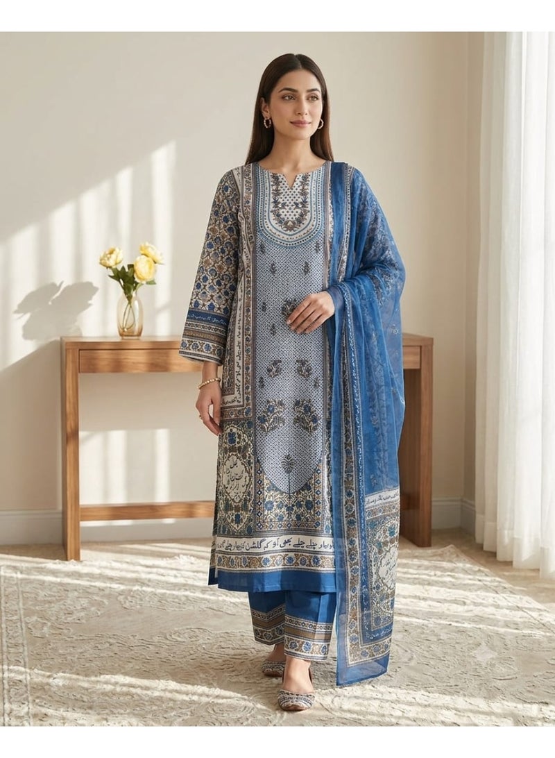 طقم نسائي مطبوع 3 قطع من قماش الصيف (Lawn) - أزرق وأبيض، مقاس كبير 44 - Image 1