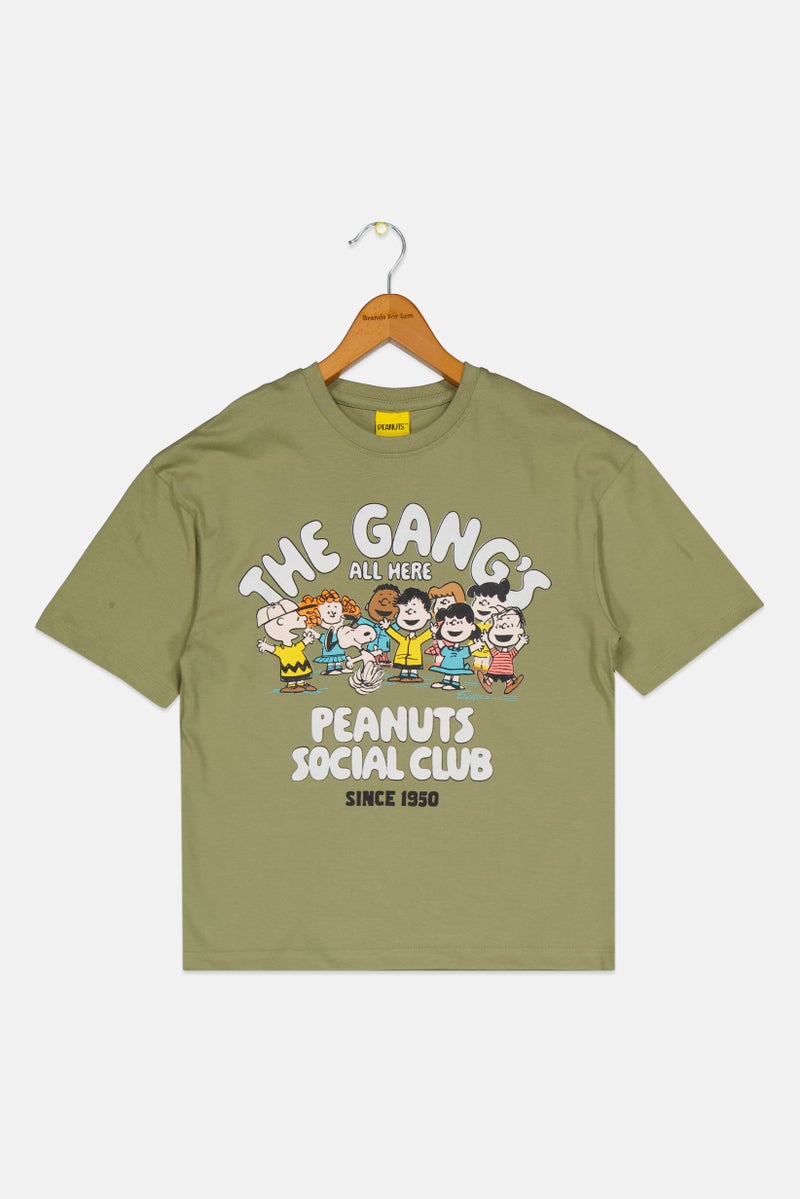 Peanuts Kids Boy Crew Neck Short Sleeves Graphic Print T-Shirt, Olive - Image 1