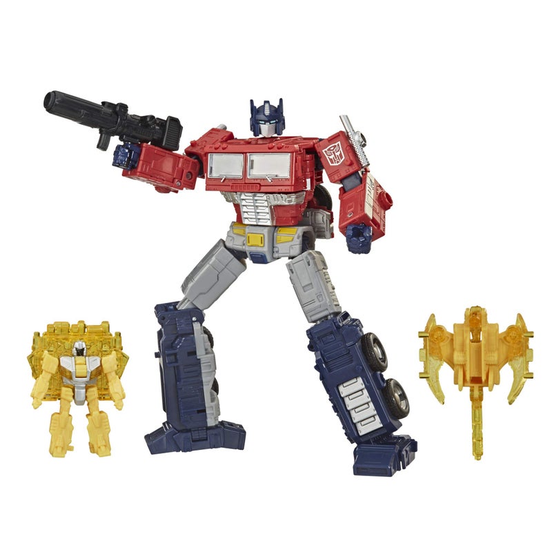 Transformers Netflix War for Cybertron Trilogy Voyager Class Optimus Prime Battle 3-Pack with Enerax and Sheeldron - Image 1