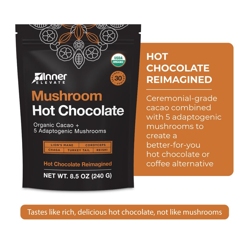 Inner Elevate Organic Mushroom Hot Chocolate - Ceremonial Cacao with 5 Adaptogenic Mushrooms - Great as a Coffee Alternative, Hot Chocolate, or Smoothie (30 Servings) - Image 3