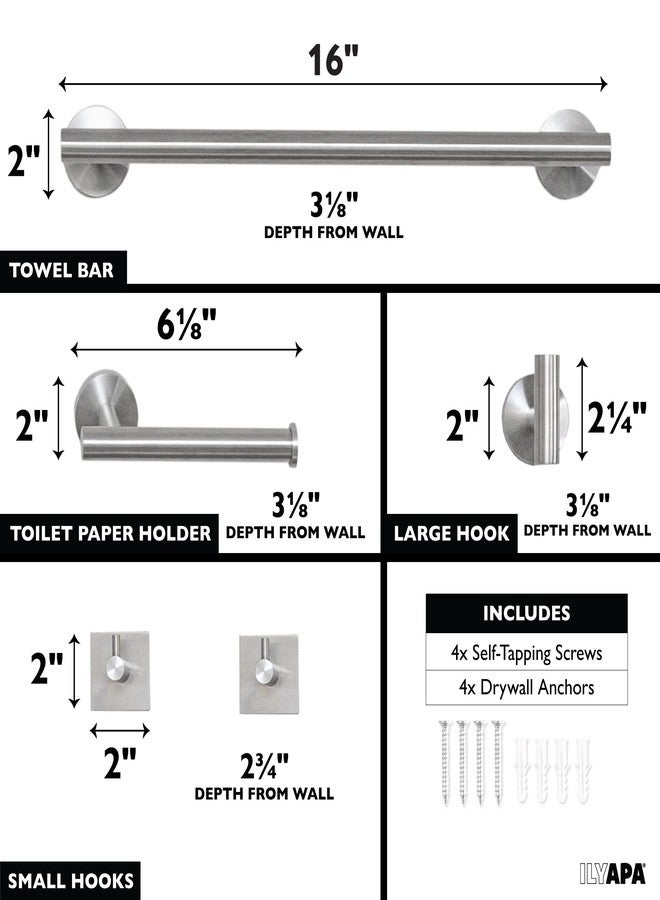 Ilyapa Bathroom Hardware Set Brushed Nickel, Wall Mounted 5 Piece Satin Nickel Bathroom Towel Bar Set - Towel Bar, 1 Big Hook, 2 Small Hooks, and 1 Wall Mounted Toilet Paper Holders - Image 2