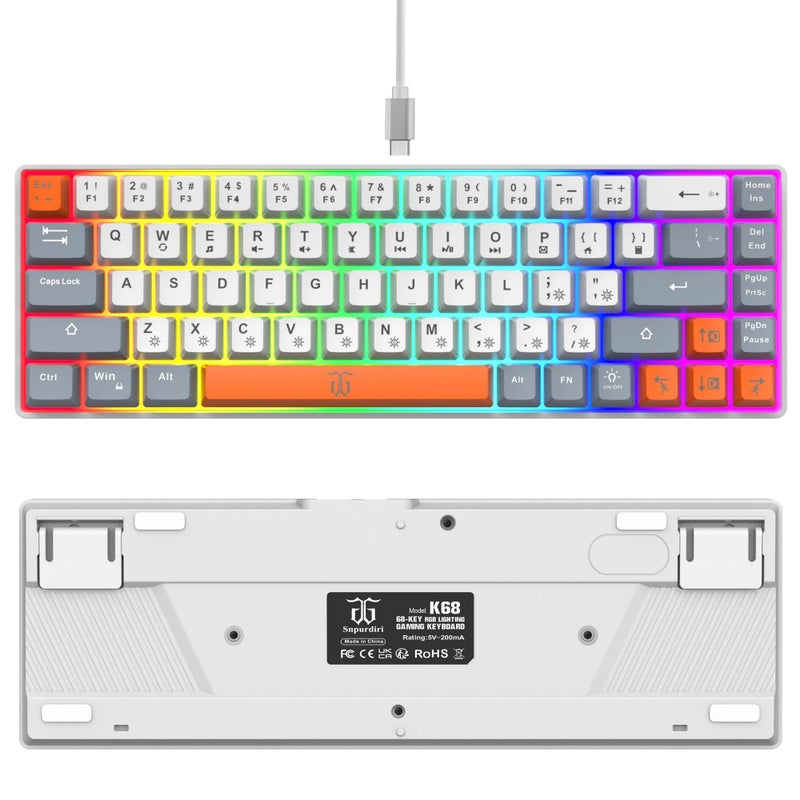 Snpurdiri 60% Percent Gaming Keyboard, Ergonomic Compact RGB Backlit Small Gaming Keyboard for Windows, PC, Laptop (68 Keys, White-Grey-Orange) - Image 3