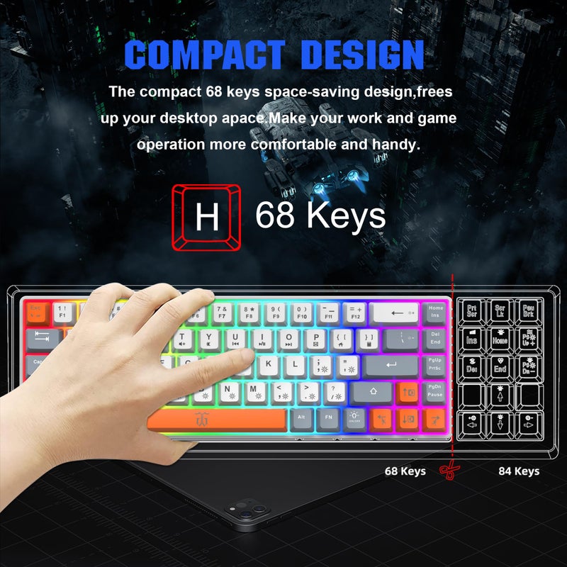 Snpurdiri 60% Percent Gaming Keyboard, Ergonomic Compact RGB Backlit Small Gaming Keyboard for Windows, PC, Laptop (68 Keys, White-Grey-Orange) - Image 2