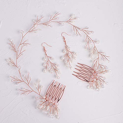 Fxmimior Bride Crystal Hair Vine & Earrings Set, Headband & Wedding Hair Comb - Rose Gold Evening Party Hair Piece - Image 5