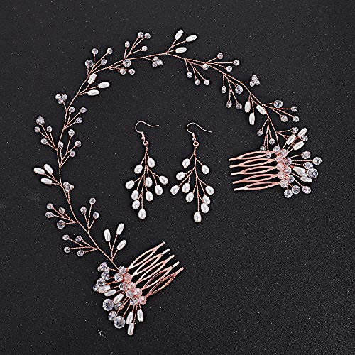 Fxmimior Bride Crystal Hair Vine & Earrings Set, Headband & Wedding Hair Comb - Rose Gold Evening Party Hair Piece - Image 2