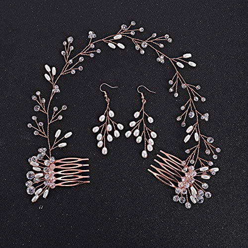 Fxmimior Bride Crystal Hair Vine & Earrings Set, Headband & Wedding Hair Comb - Rose Gold Evening Party Hair Piece - Image 3