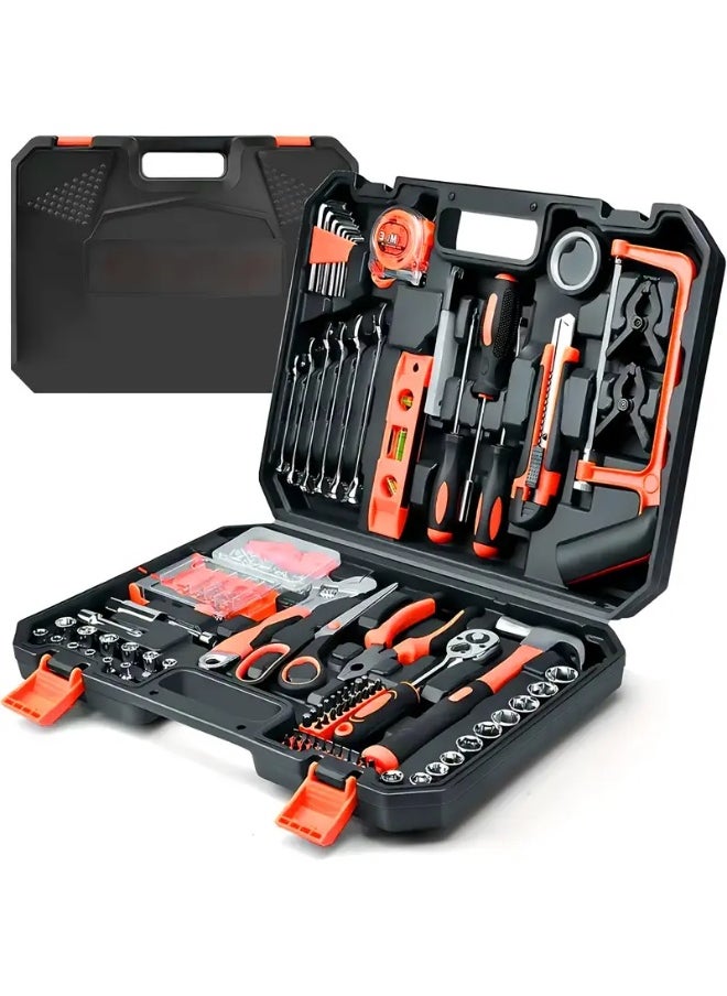 Generic 102pcs tool set, orange and black toolbox set, including plastic box, hammer, pliers, wrench and screwdriver set, daily household maintenance tool set.  - Image 1