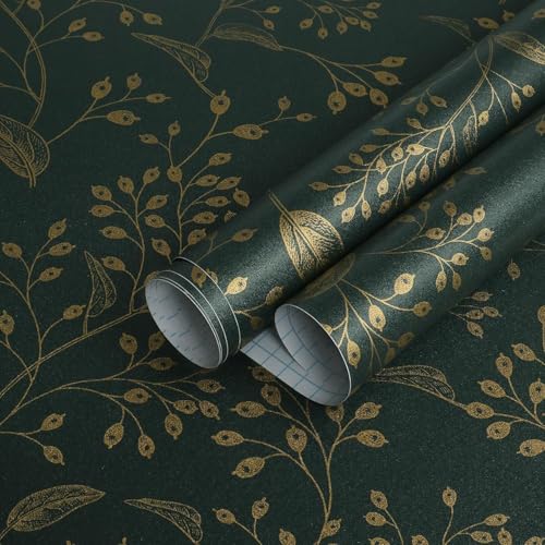 TEKCOOL Peel and Stick Wallpaper 17.7” x 118” Green Contact Paper Gold Floral Wall Paper Modern Boho Removable Contact Paper for Cabinet Drawers Bedroom Self Adhesive Vinyl Papel Tapiz para Pared(2pc) - Image 1