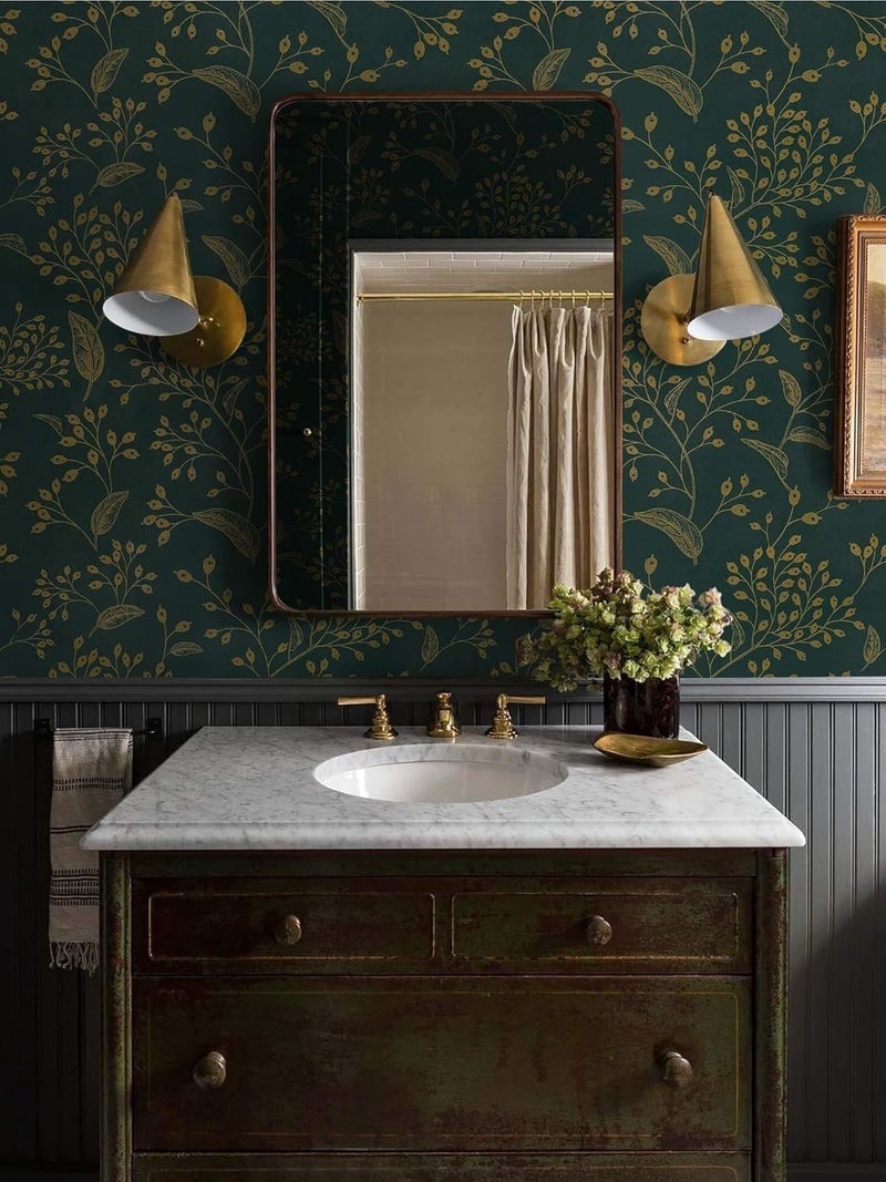 TEKCOOL Peel and Stick Wallpaper 17.7” x 118” Green Contact Paper Gold Floral Wall Paper Modern Boho Removable Contact Paper for Cabinet Drawers Bedroom Self Adhesive Vinyl Papel Tapiz para Pared(2pc) - Image 2