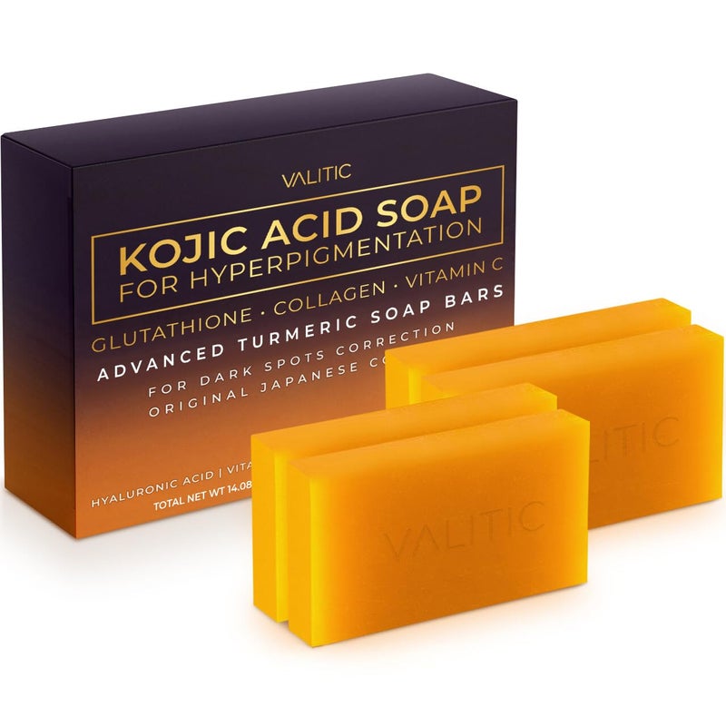 VALITIC Kojic Acid Soap for Hyperpigmentation - with Glutathione, Collagen & Vitamin C - Natural Soap Bars with Turmeric - Original Japanese Complex for Dark Spot Correction - 4 Pack - Image 1
