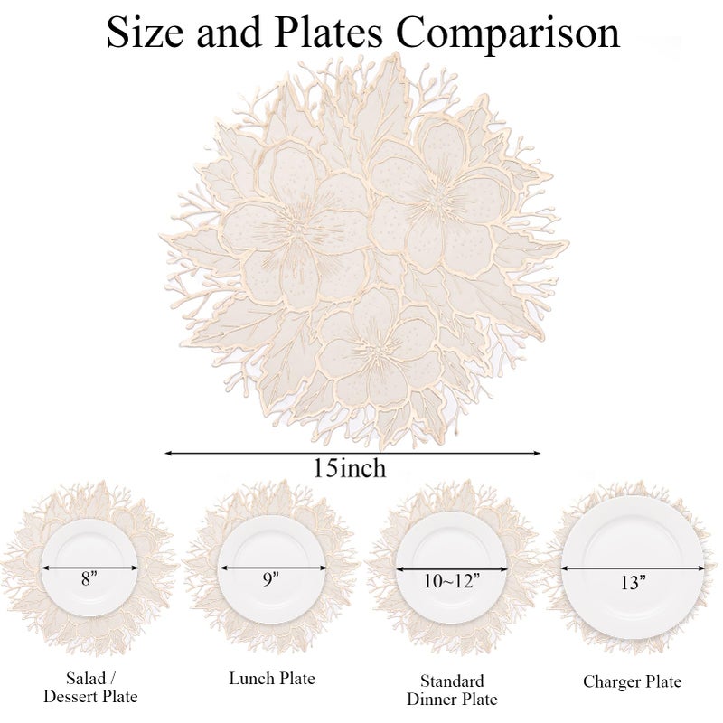 Evevda Gold Placemats Set of 6 Floral Round Placemats Pressed Vinyl Table Mats Waterproof Bulk Table Decor for Parties Holiday Gatherings - Image 5