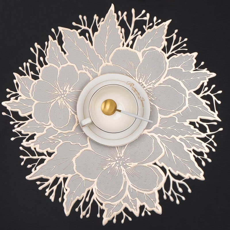 Evevda Gold Placemats Set of 6 Floral Round Placemats Pressed Vinyl Table Mats Waterproof Bulk Table Decor for Parties Holiday Gatherings - Image 1