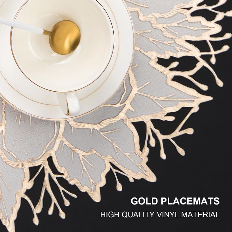 Evevda Gold Placemats Set of 6 Floral Round Placemats Pressed Vinyl Table Mats Waterproof Bulk Table Decor for Parties Holiday Gatherings - Image 4