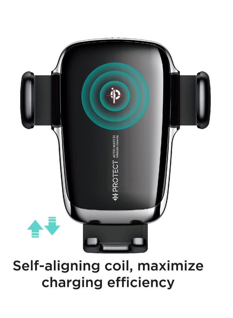 بروتيكت حامل سيارة لاسلكي للشحن السريع PROTECT بملف مزدوج 15 واط مزود بميزة التثبيت التلقائي ومعتمد من Qi – أسود - Image 1
