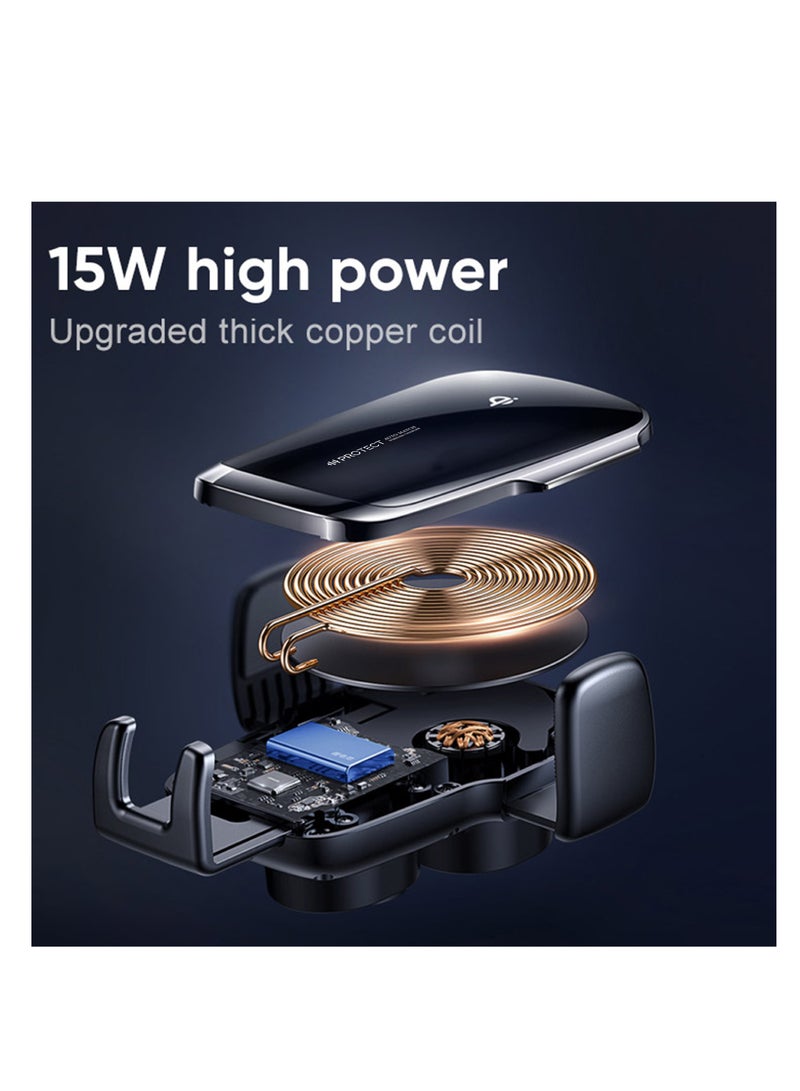 بروتيكت حامل سيارة لاسلكي للشحن السريع PROTECT بملف مزدوج 15 واط مزود بميزة التثبيت التلقائي ومعتمد من Qi – أسود - Image 3