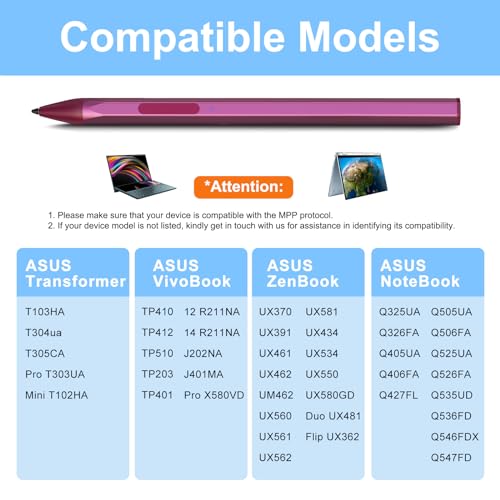 YORUNOHOSHI Stylus Pen for ASUS Transformer/ASUS Zenbook/ASUS Vivobook Flip/ASUS Notebook Touchscreen Laptop Tablet Rechargeable MPP 2.0 Tilt Pencil 4096 Pressure Sensitivity Microsoft MPP Protocol, Red - Image 2