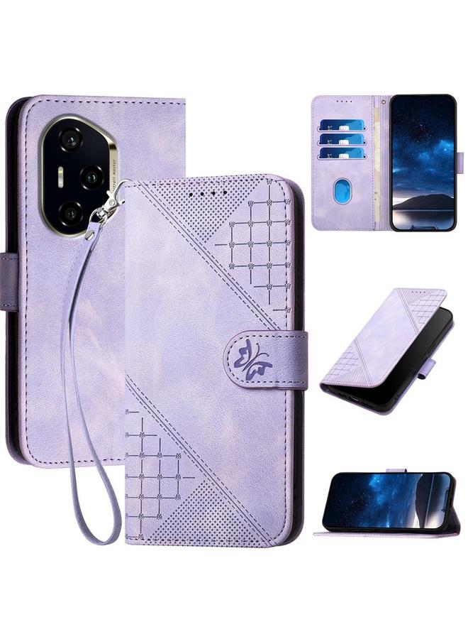 S-TOP Case For Honor 300 Pro / Honor 300 Ultra Grid Butterfly Embossed Pattern Leather Phone Case with Lanyard - Image 1