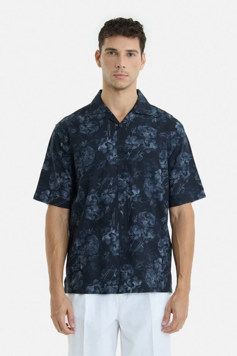 Snitch Navy Blue Navy Blue Abstract Half Sleeve Boxy Vacation Shirt for Men | Best Price UAE