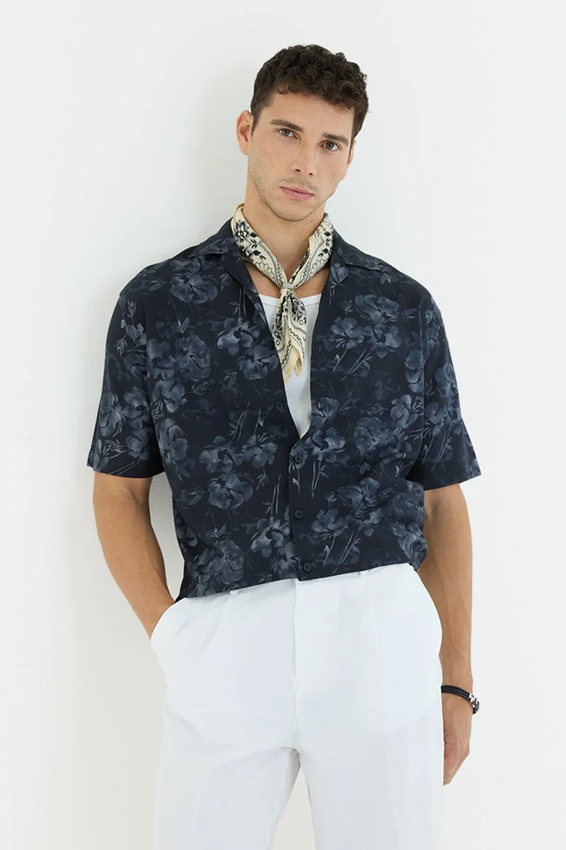 Snitch Navy Blue Navy Blue Abstract Half Sleeve Boxy Vacation Shirt for Men | Best Price UAE