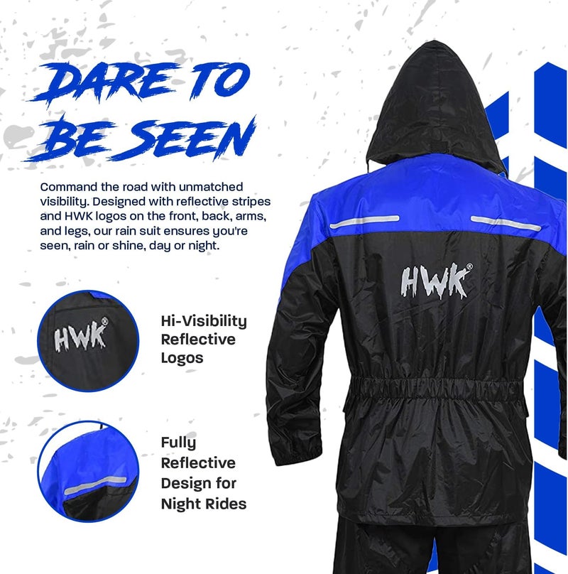 HWK Motorcycle Rain Suit for Men and Women - Waterproof Two-Piece Gear with Reflective Jacket and Pants, Blue, Large - Image 3