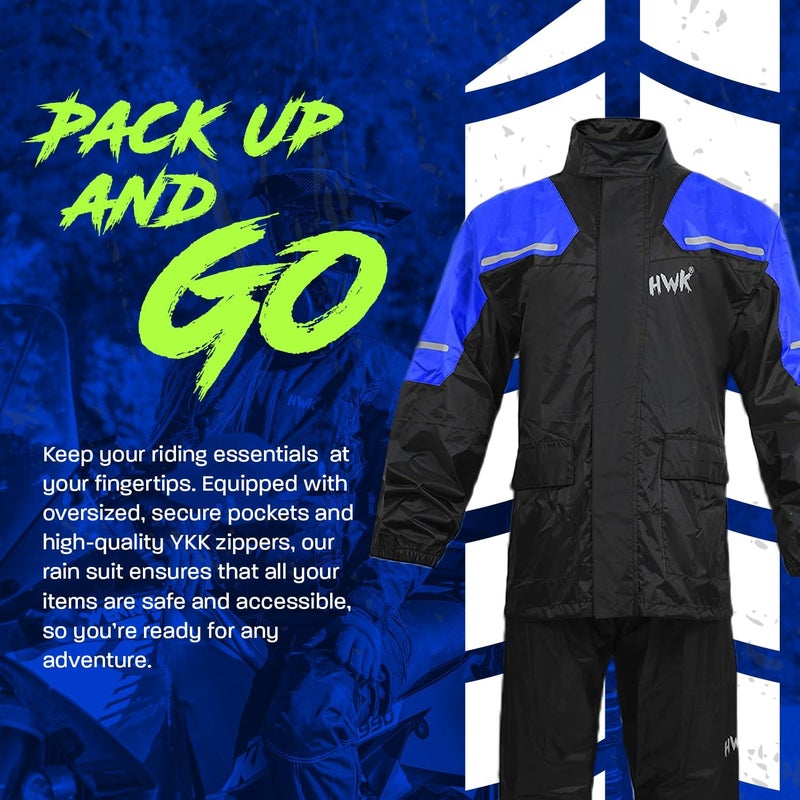 HWK Motorcycle Rain Suit for Men and Women - Waterproof Two-Piece Gear with Reflective Jacket and Pants, Blue, Large - Image 5
