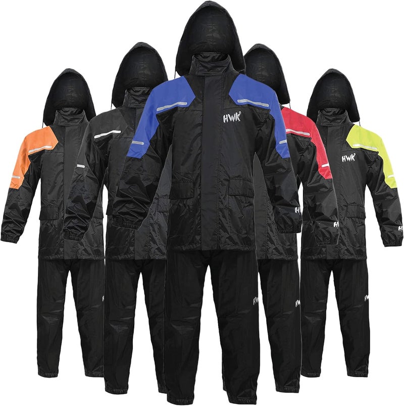 HWK Motorcycle Rain Suit for Men and Women - Waterproof Two-Piece Gear with Reflective Jacket and Pants, Blue, Large - Image 1